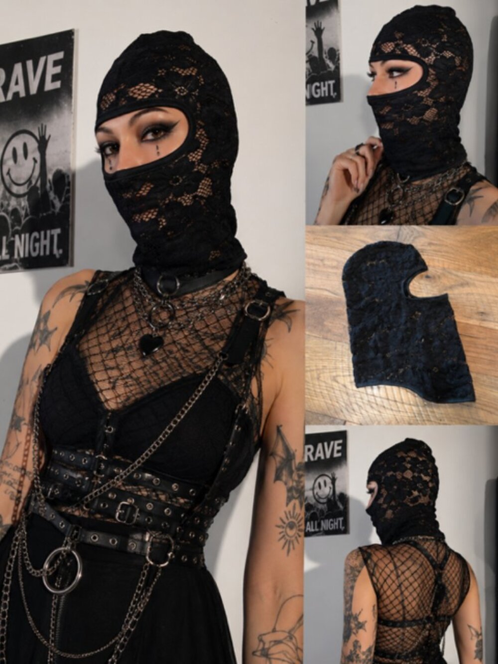 Black Floral Lace Balaclava Goth Rave Festival Ski Mask Coquette Alternative